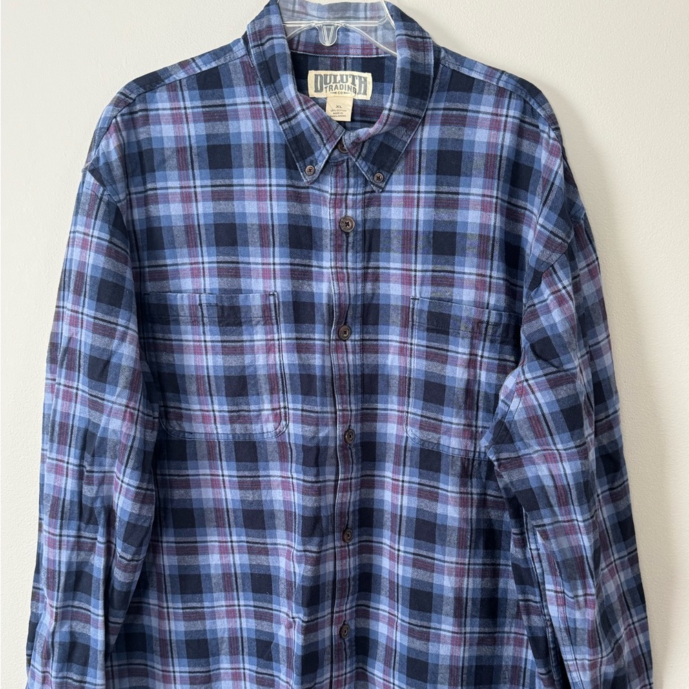 Duluth Trading Co Flannel Plaid Blue Long Sleeve Button Shirt Mens XL Med Weight